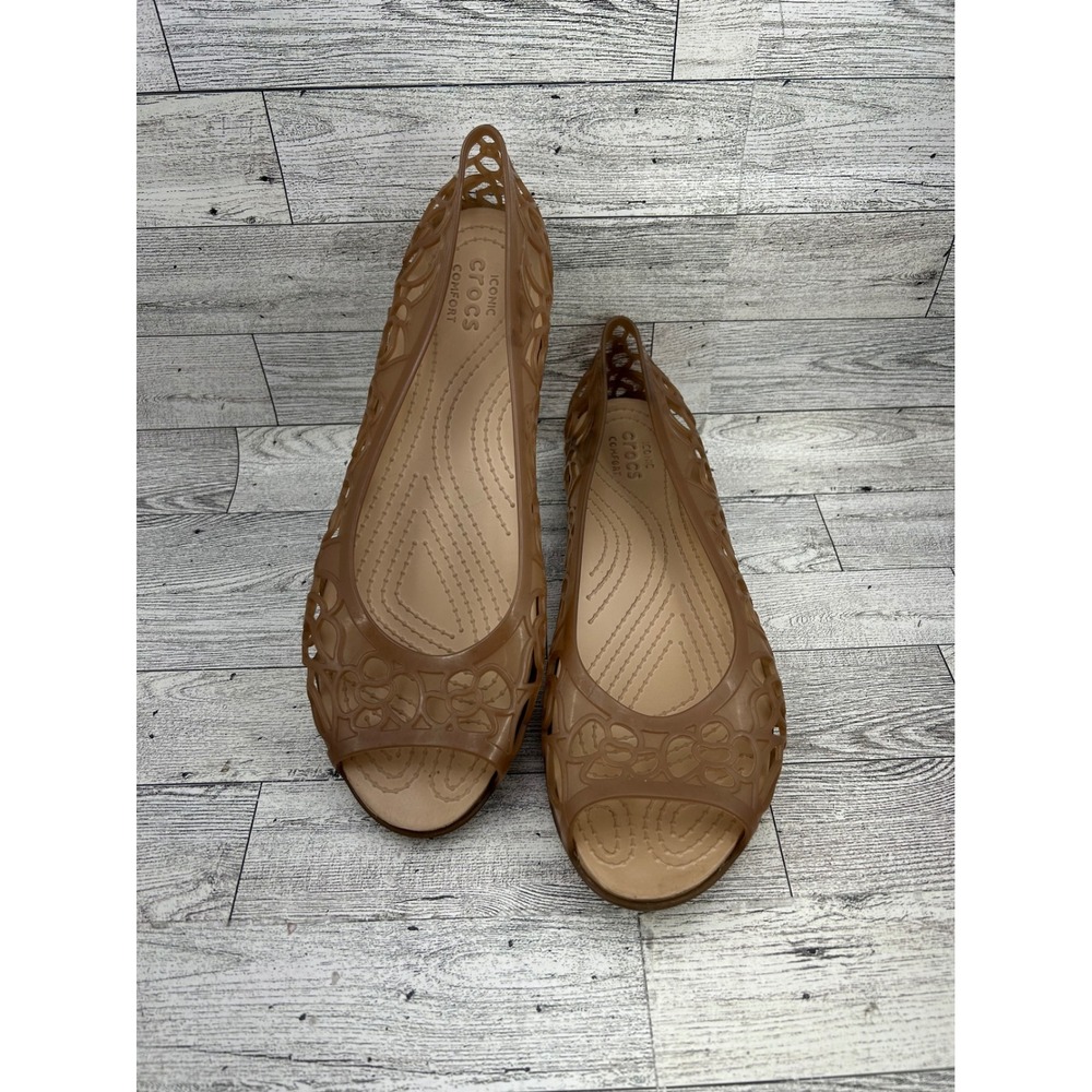 Crocs Isabella Peep Toe Flat Sandals Bronze Tan Floral Cutout Women Sz 10 202468